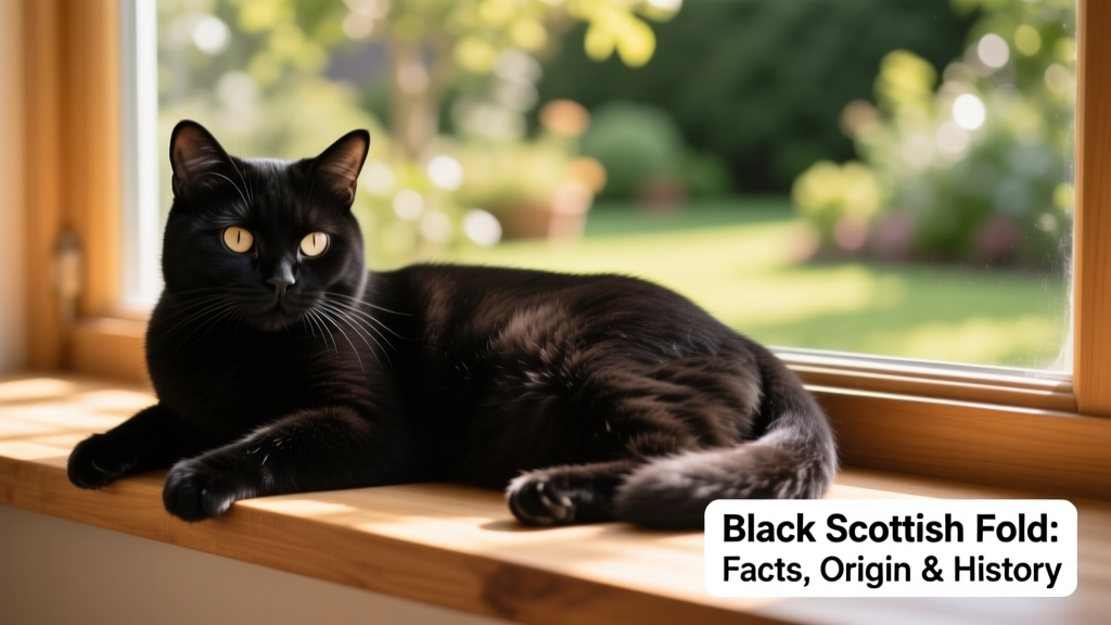 A relaxed black Scottish Fold lounging on a sunlit windowsill, showcasing its glossy coat and folded ears
