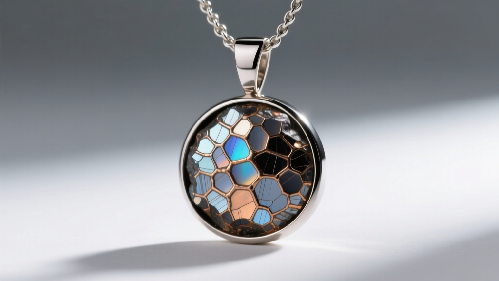 Macro shot of a Gibeon meteorite necklace pendant showing Widmanstätten patterns, bezel-set in brushed titanium under soft light.