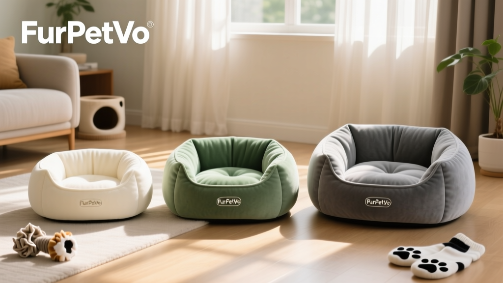 Side-by-side comparison of three FurPetVo pod beds in different colors and sizes, arranged neatly on a living room floor