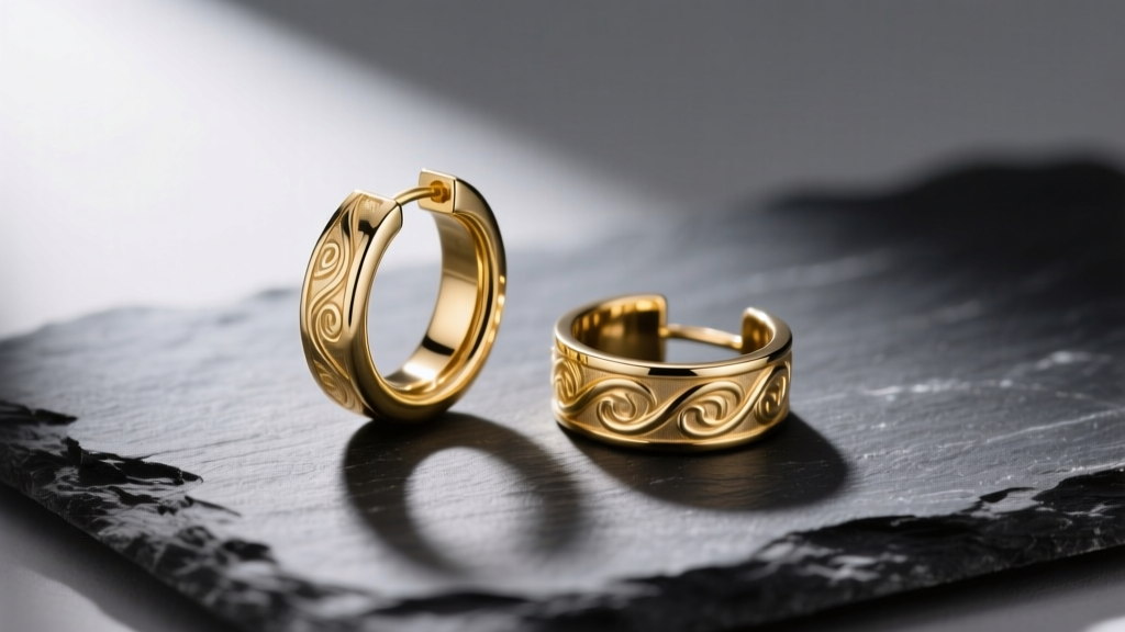 Maria Black gold vermeil huggie hoops and ear cuffs resting on dark slate with soft directional lighting and subtle shadows