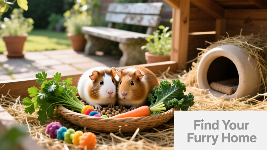 Two guinea pigs nestled together in a cozy, well-equipped habitat with hay, toys, and fresh veggies