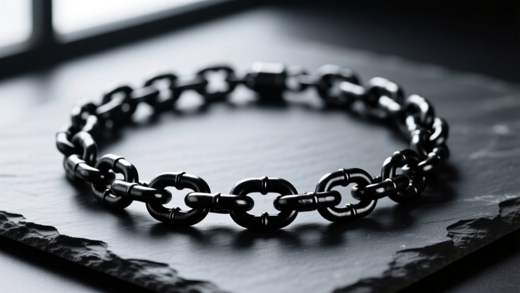 Close-up macro photography of a heavy 10-gauge black oxide coated iron chain necklace resting on a dark slate surface, moody lighting.