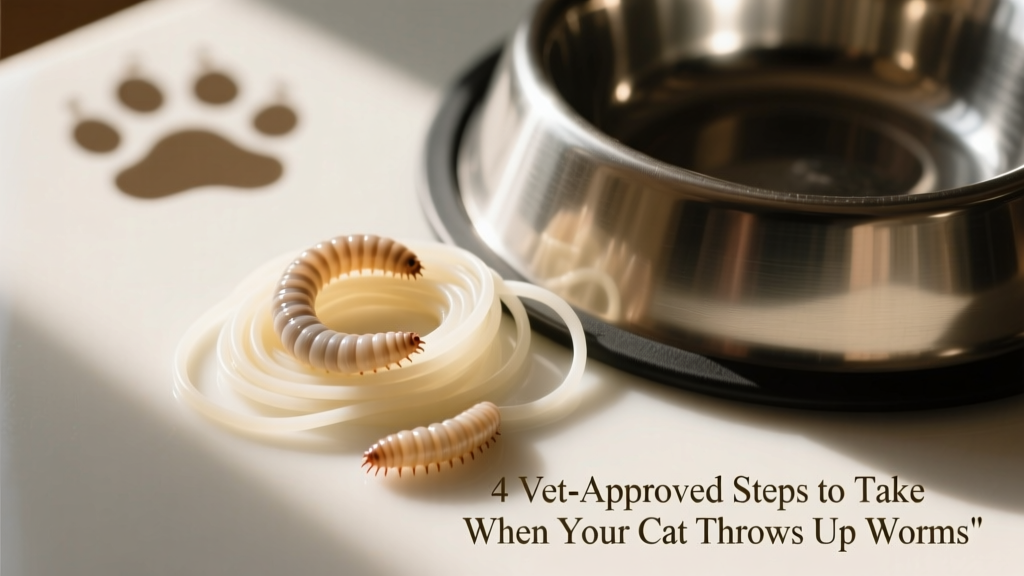 Close-up of white, spaghetti-like roundworms on a clean surface next to a cat’s food bowl