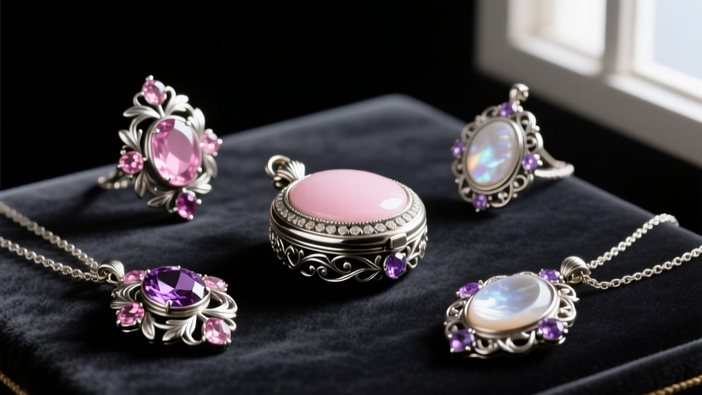 Flat lay of Regency-inspired lockets and cameo pendants on dark velvet, highlighting floral metalwork and rose-cut gemstones.