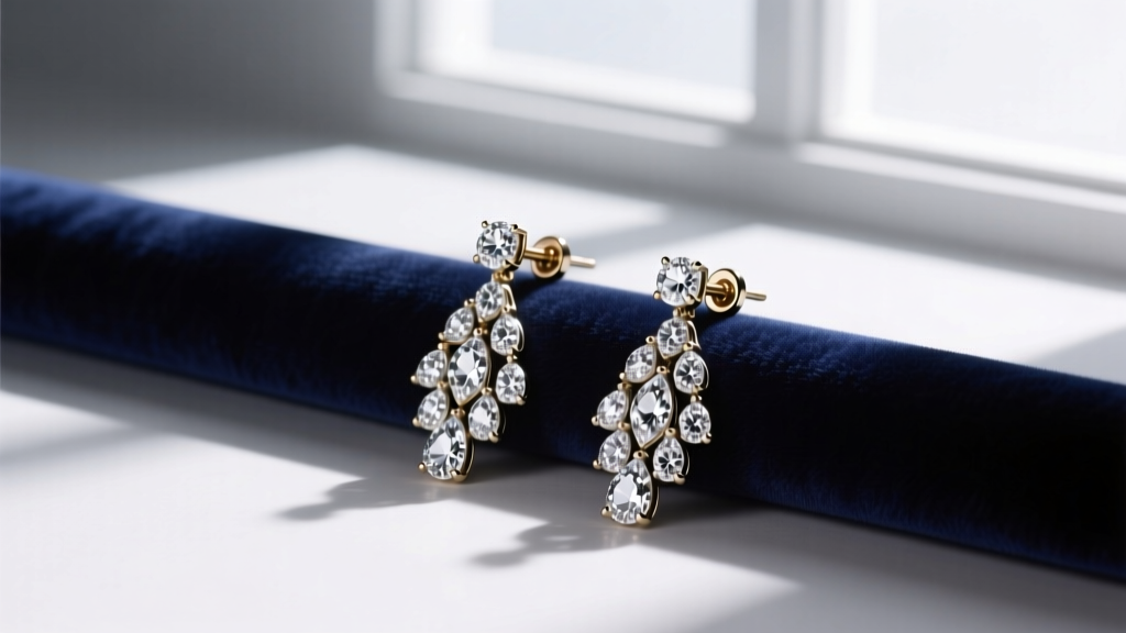 Flat lay of diamond rivière cascade earrings on velvet, showing 18-gauge screw backs and VS1 melee diamonds, luxury jewelry photo