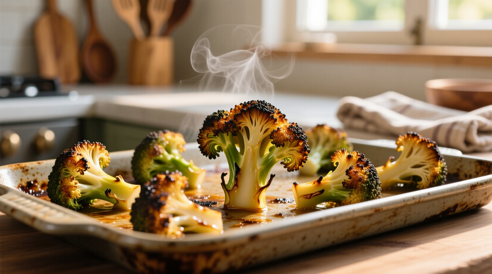 Golden roasted broccoli with crispy edges on baking sheet