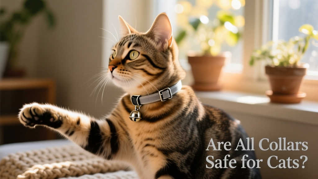 Side-view photo of a relaxed tabby cat wearing a slim, adjustable breakaway collar with a tiny bell