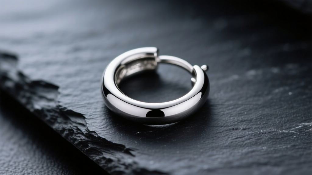 Macro shot of 925 sterling silver huggie earring with rhodium plating on dark slate, soft lighting highlighting metal grain