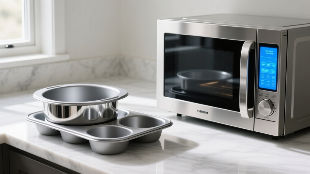 Platinum silicone bakeware on a marble counter beside a stainless steel smart convection microwave oven with a glowing digital display
