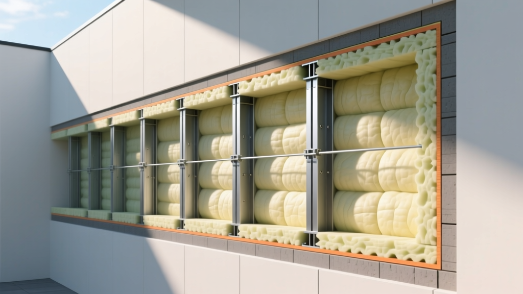Cross-section diagram of a modern wall assembly showing steel studs acting as thermal bridges next to thick continuous rigid foam insulation layers