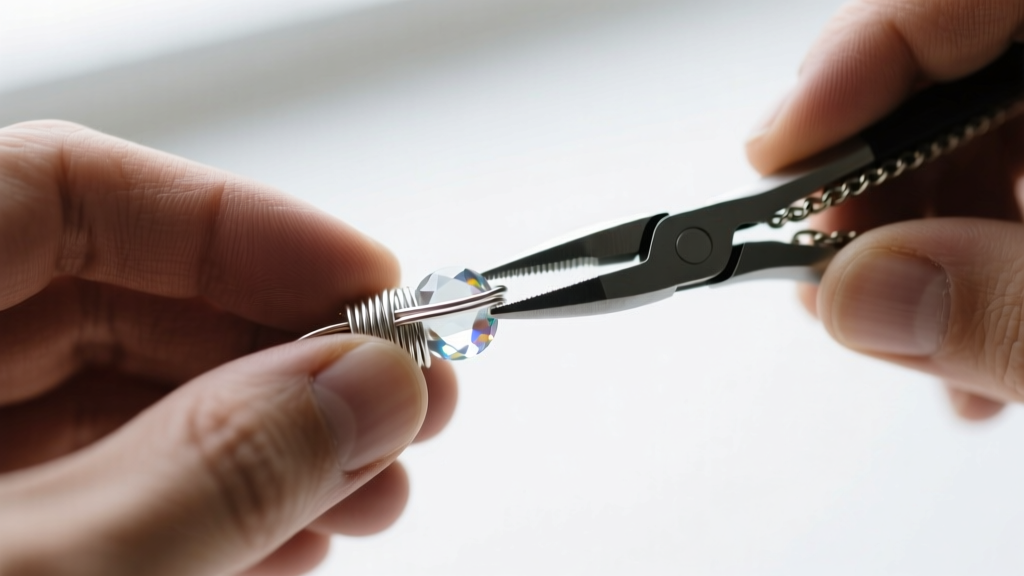 Macro shot of hands using chain-nose pliers to wrap 24-gauge argentium silver wire tightly around a clear quartz briolette bead.