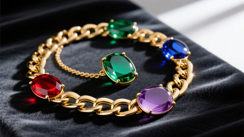 Costume jewelry flat-lay with chunky gold-plated brass chains and vibrant poured glass cabochons resting on a dark velvet surface