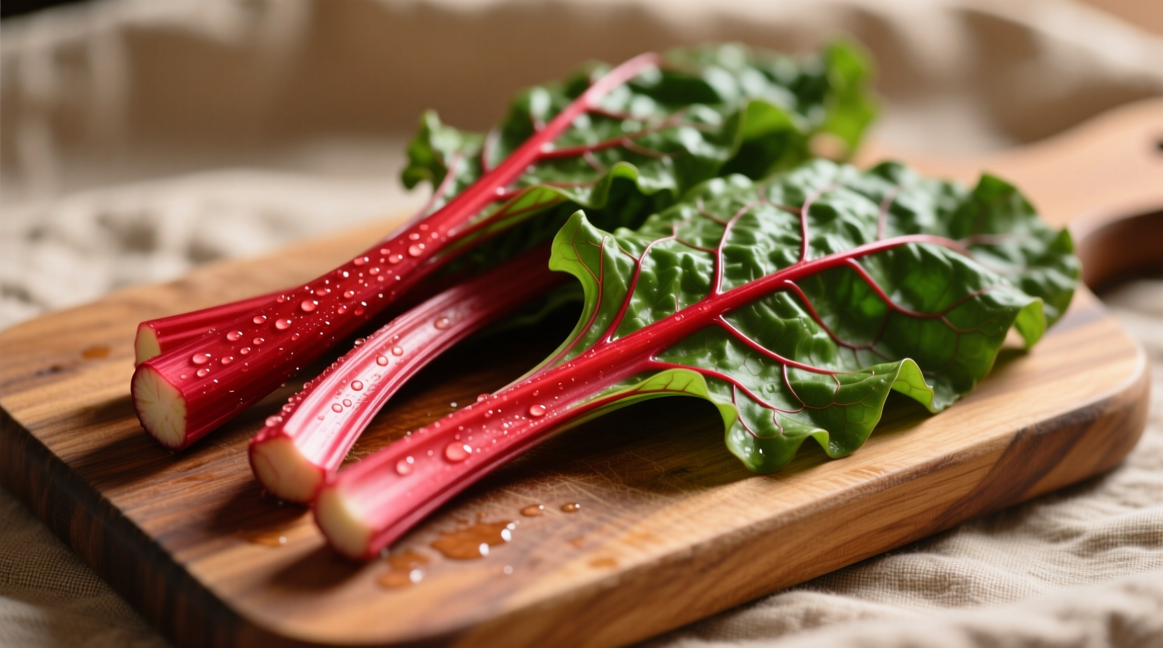 Fresh red chard stems and leaves separated for cooking