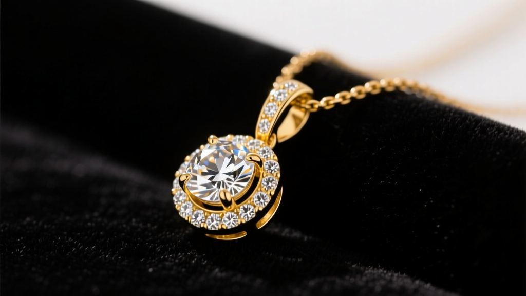Close-up of an 18k yellow gold pendant necklace with a diamond-encrusted pinch bale resting on dark velvet in soft studio lighting