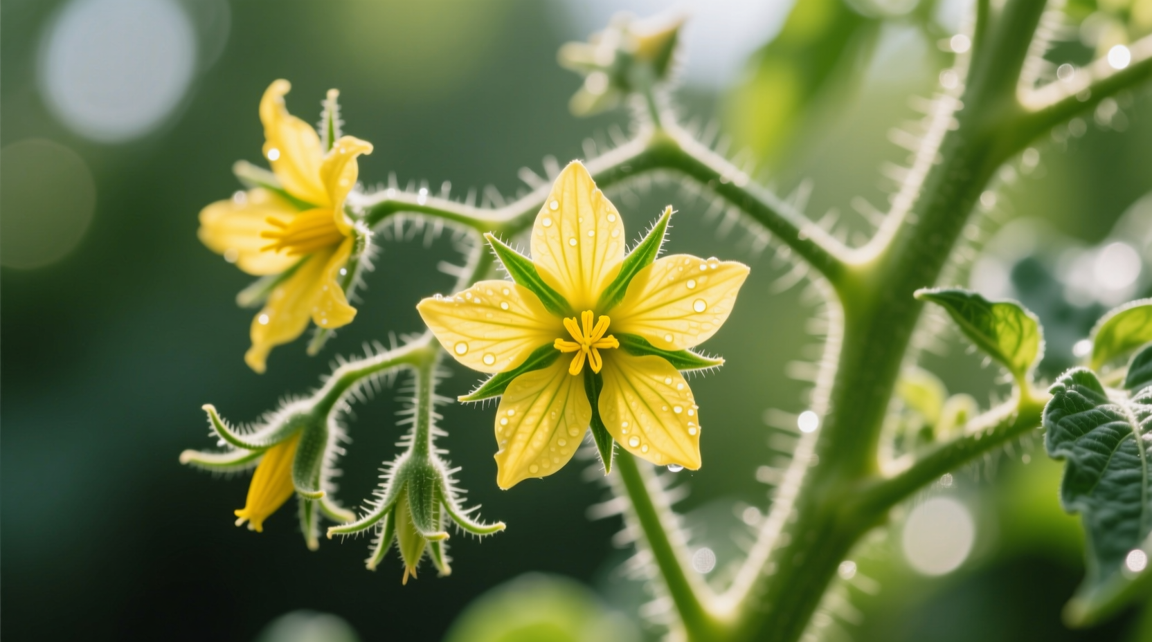Close-up of healthy yellow tomato blossoms on vine
