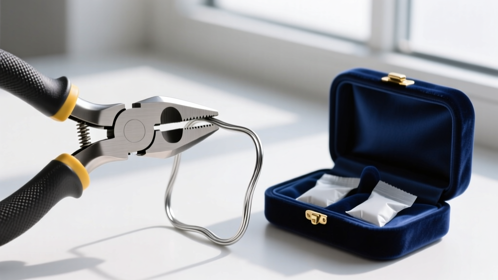 Nylon jaw pliers tightening a 22-gauge silver wire frame, beside a velvet anti-tarnish box containing small silica gel packets