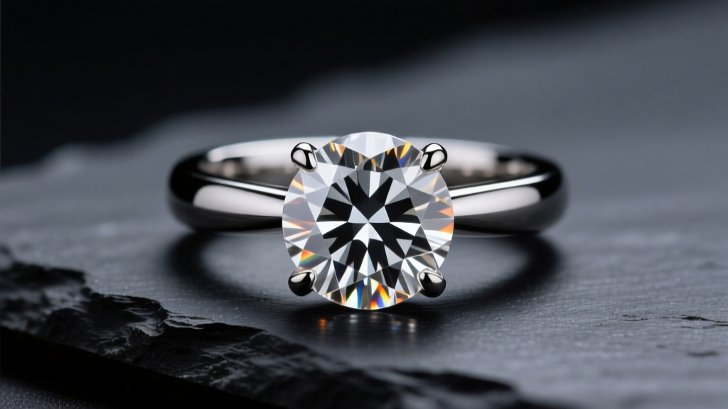 Macro shot of a round diamond ring on dark slate, lit by studio lighting to highlight crisp facets and polished platinum prongs.
