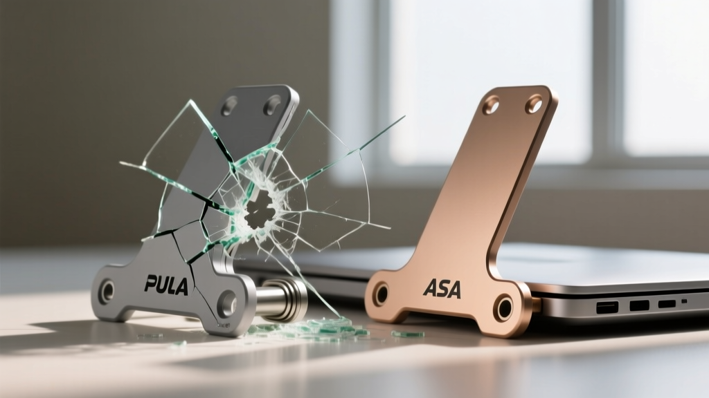 A shattered PLA laptop stand hinge next to a pristine ASA hinge, highlighting layer adhesion failure points under extreme tensile stress testing.