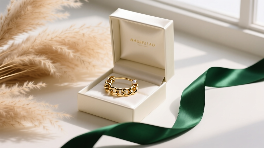 Flat lay of a luxury gift box containing a delicate gold chain-link ear cuff, surrounded by dried pampas grass and a silk ribbon.