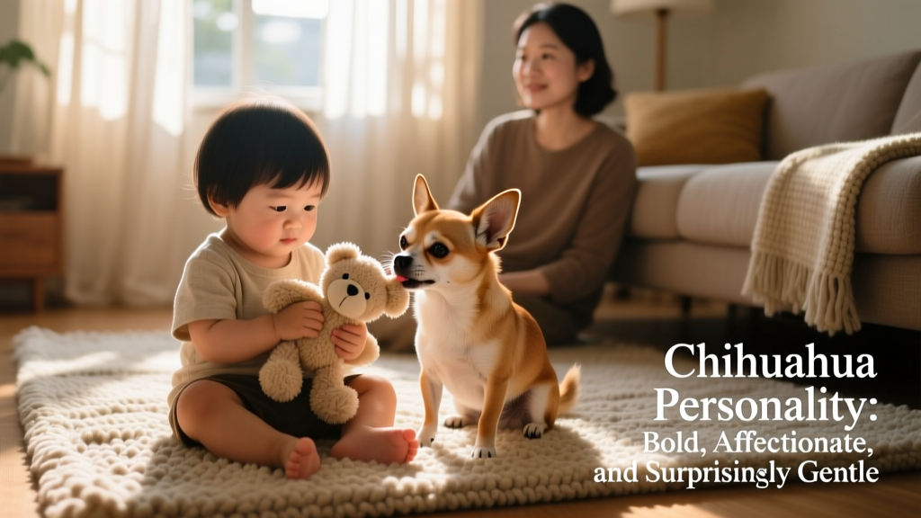 A child and Chihuahua sitting side-by-side on a rug, both calmly engaged with a soft toy, supervised by an adult