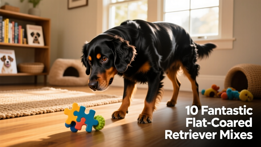 A Border Flat Retriever focused on a puzzle toy during training session