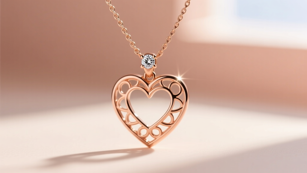Side profile of an 18k rose gold heart pendant with a prong-set diamond on a fine cable chain against blurred skin tones