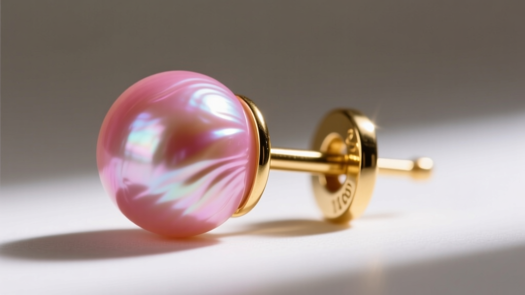 Detailed view of a 16-gauge gold earring post and secure friction back, highlighting the thick nacre of a dyed pink Akoya pearl.