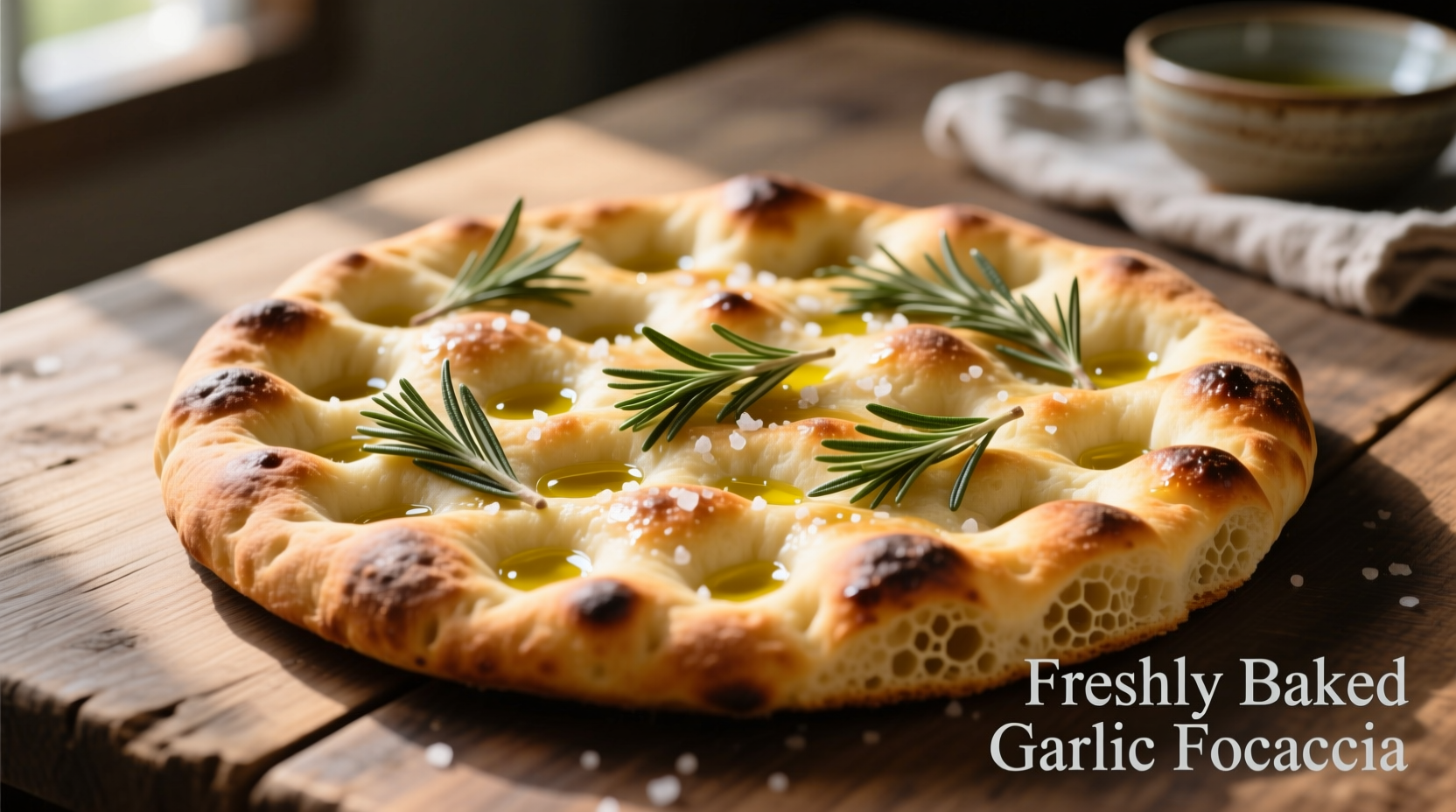 Freshly baked garlic focaccia with rosemary