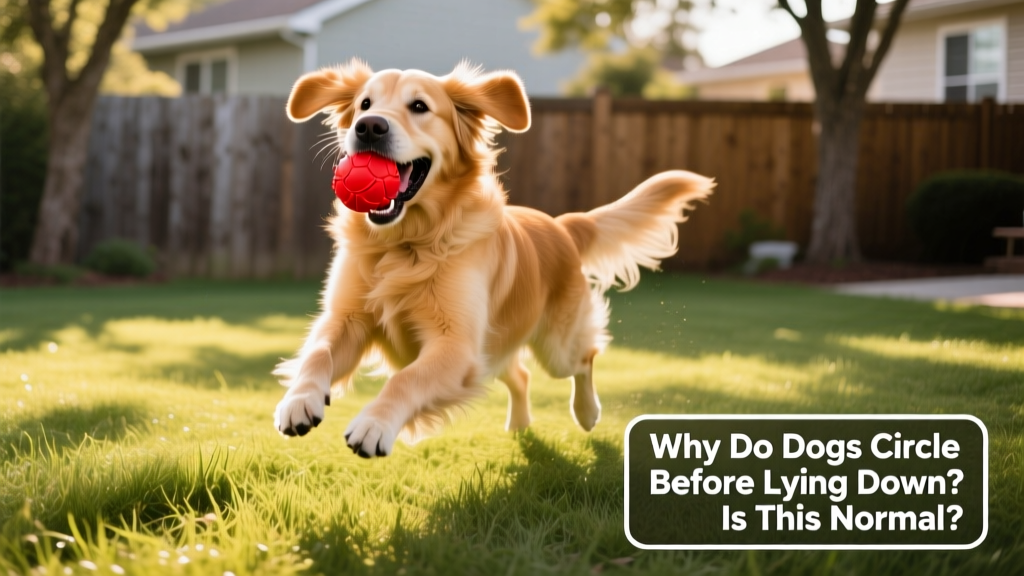 A happy dog mid-play with a bright rubber ball on a grassy yard
