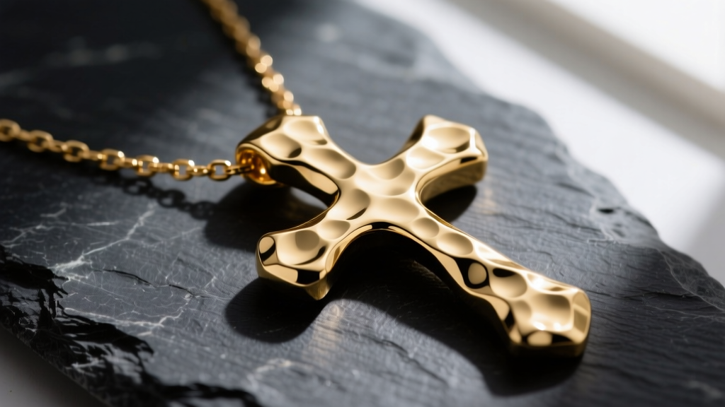 Close-up of a 14k gold hammered cross necklace on dark slate, highlighting textured divots and organic, light-reflective edges.