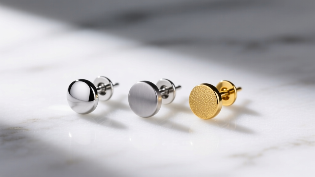 Macro shot of three infant earring posts side-by-side: surgical steel, matte titanium, and polished 14k yellow gold on marble.