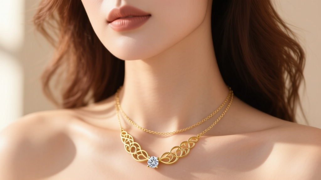Close-up of a woman wearing a gold Elisa pendant layered with a delicate paperclip chain and diamond solitaire, soft natural light