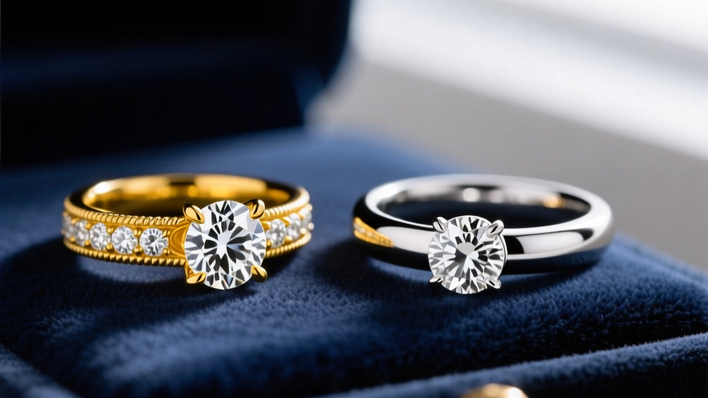 Macro shot comparing a yellow gold prong-set diamond and a platinum bezel-set diamond side-by-side on a velvet jeweler's tray.