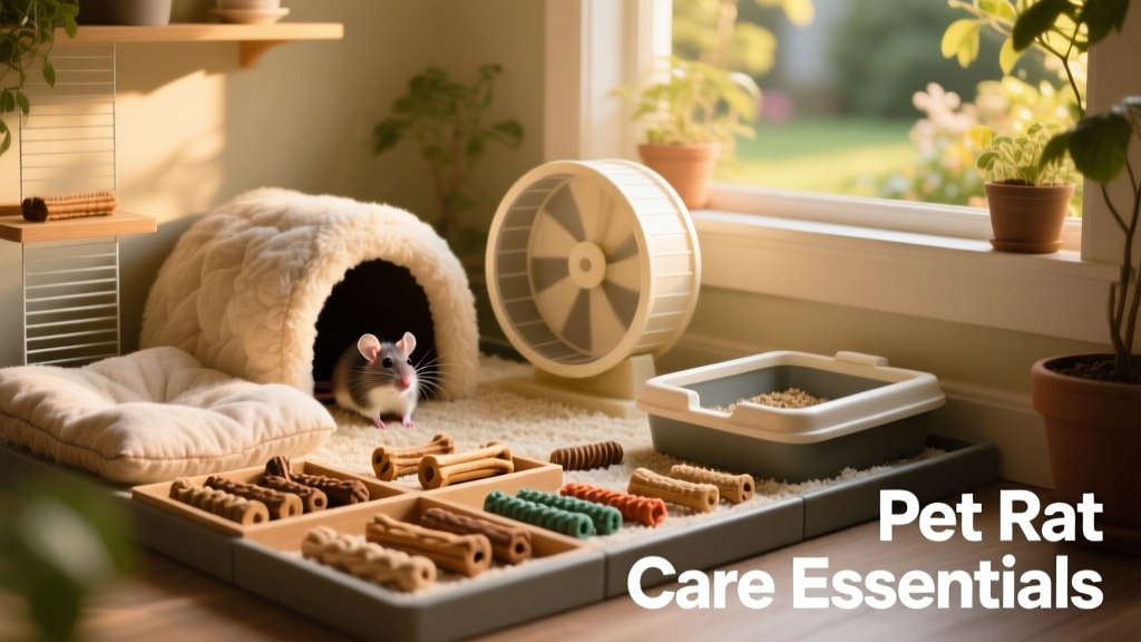A well-equipped rat habitat showing bedding, hideout, wheel, litter box, and chew toys arranged neatly