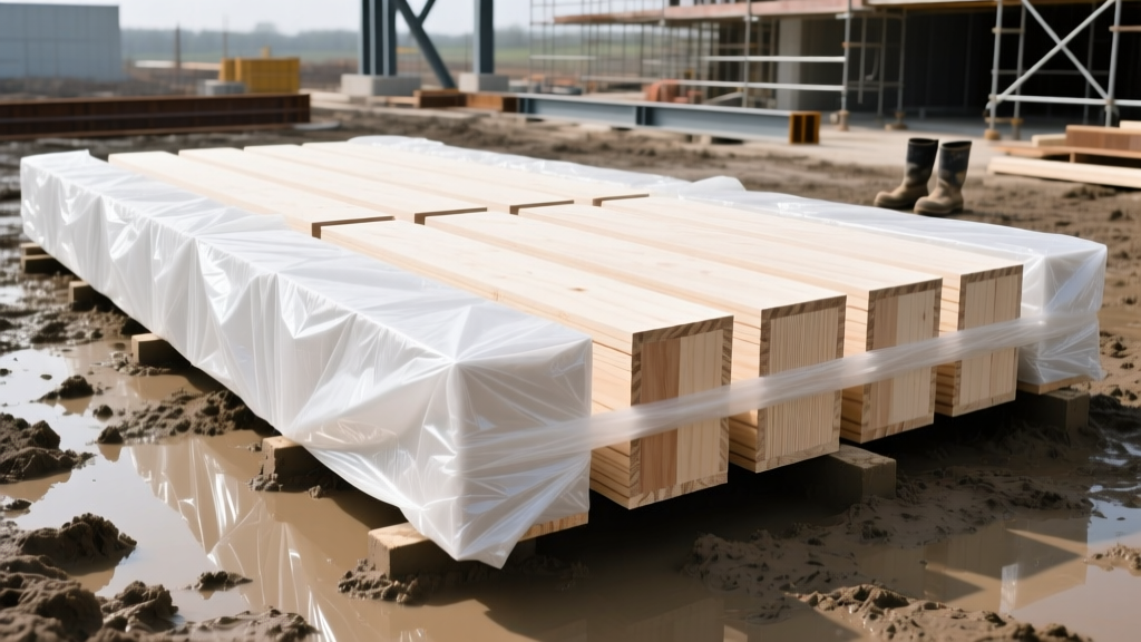 Mass timber cross-laminated panels wrapped in heavy-duty white polyethylene shrink wrap on a muddy commercial construction site.