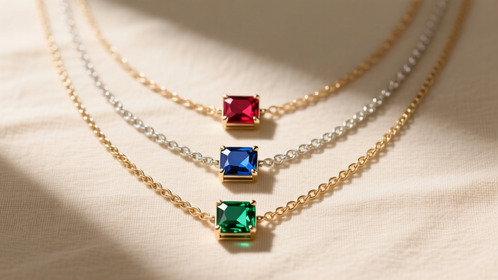 Flat lay of three varying length chains with modular birthstone pendants on beige linen, showcasing trio necklace layering.
