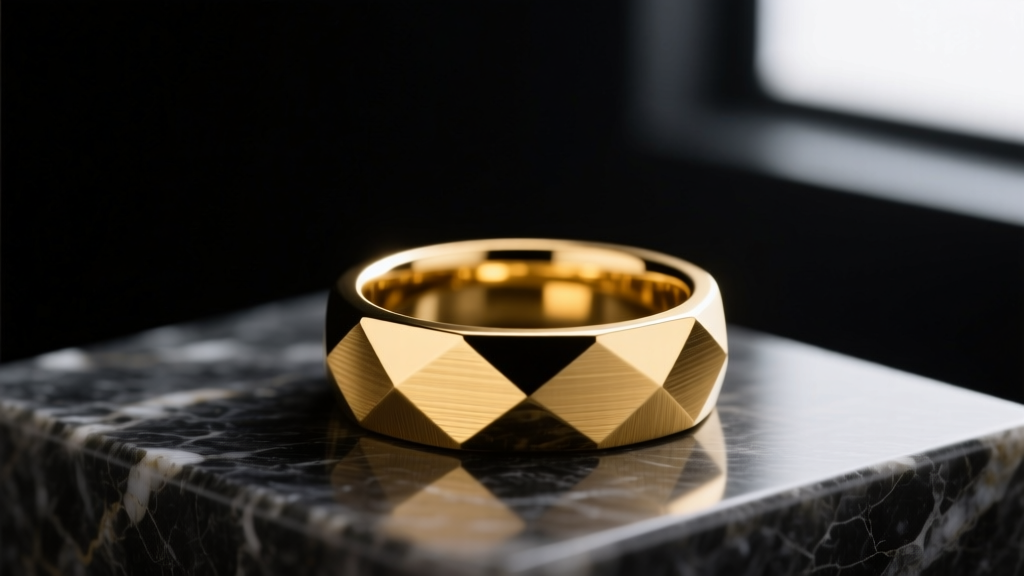 Macro shot of an 18k yellow gold signet ring with brushed finish and geometric edges resting on a polished dark granite surface