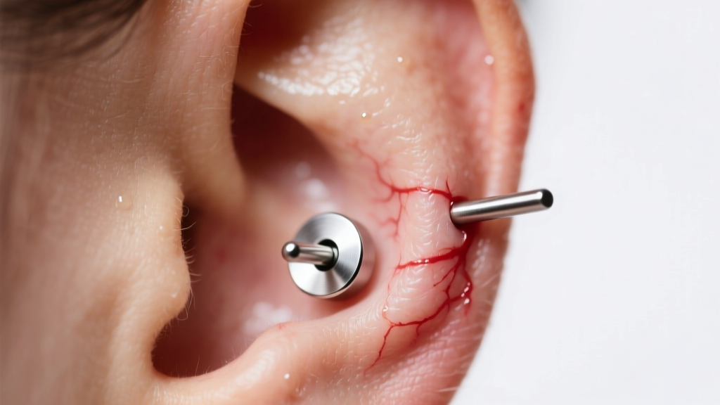 Close-up of a freshly pierced earlobe wearing an ASTM F-136 titanium flat back labret stud in soft clinical lighting