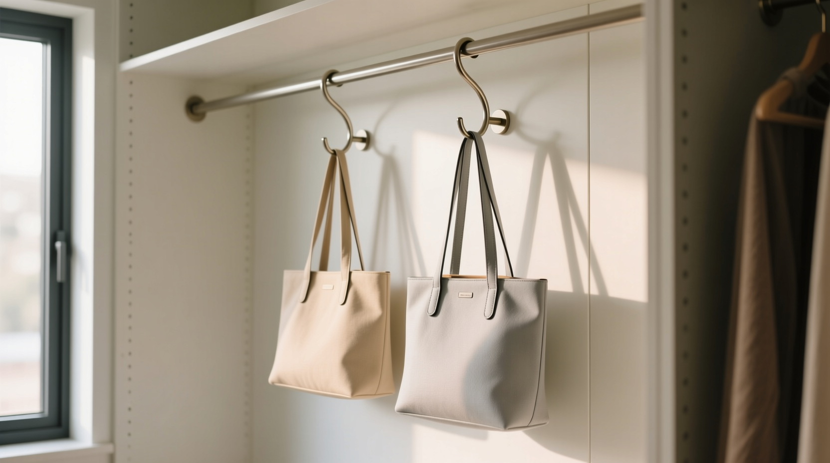 use shower curtain hooks in the closet as bag and tie h