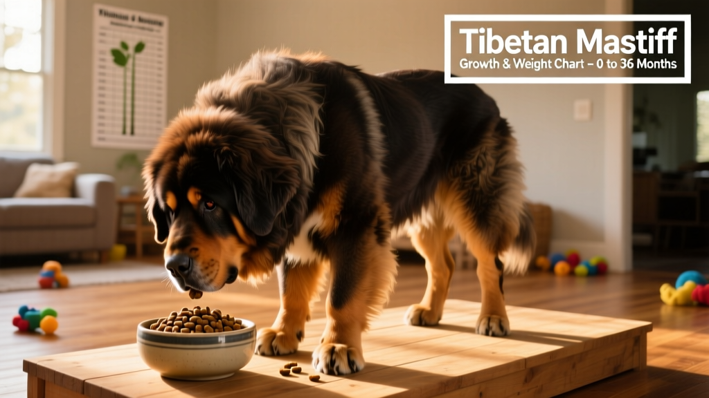 Tibetan Mastiff eating from a raised bowl, with visible muscle definition and healthy coat sheen