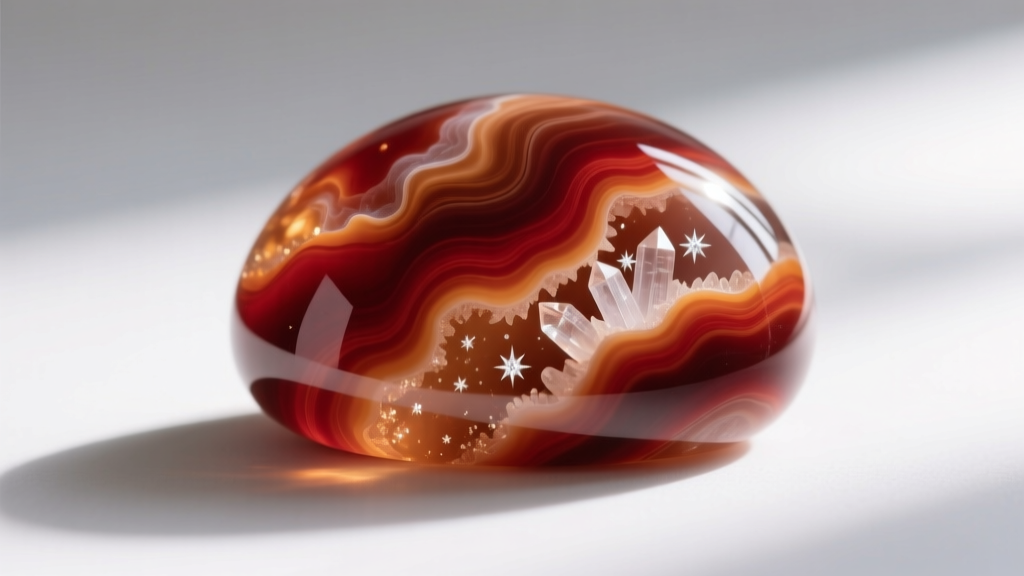 Extreme macro photography of a natural carnelian cabochon showing internal cloudy color banding and natural quartz inclusions.
