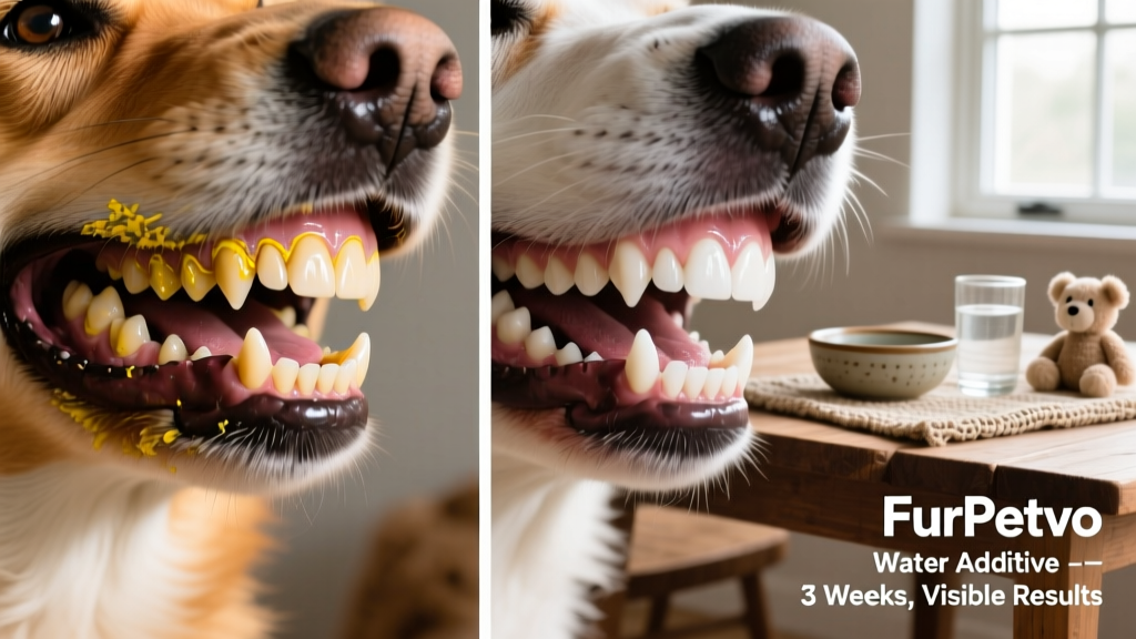 Side-by-side comparison of a dog's teeth before and after 3 weeks of using FurPetVo water additive, showing visible reduction in yellow plaque buildup
