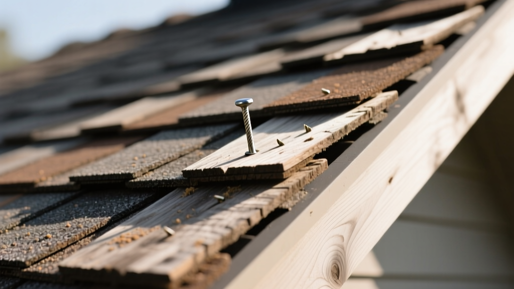 Close-up of layered architectural composition asphalt shingles in weathered wood color being nailed onto a steep residential roof deck