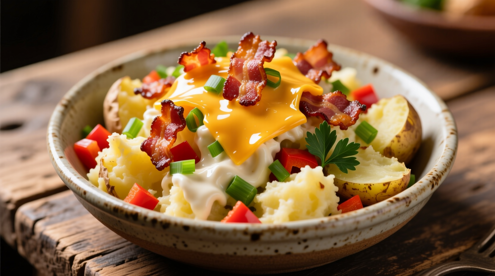 Loaded baked potato salad with bacon and cheddar