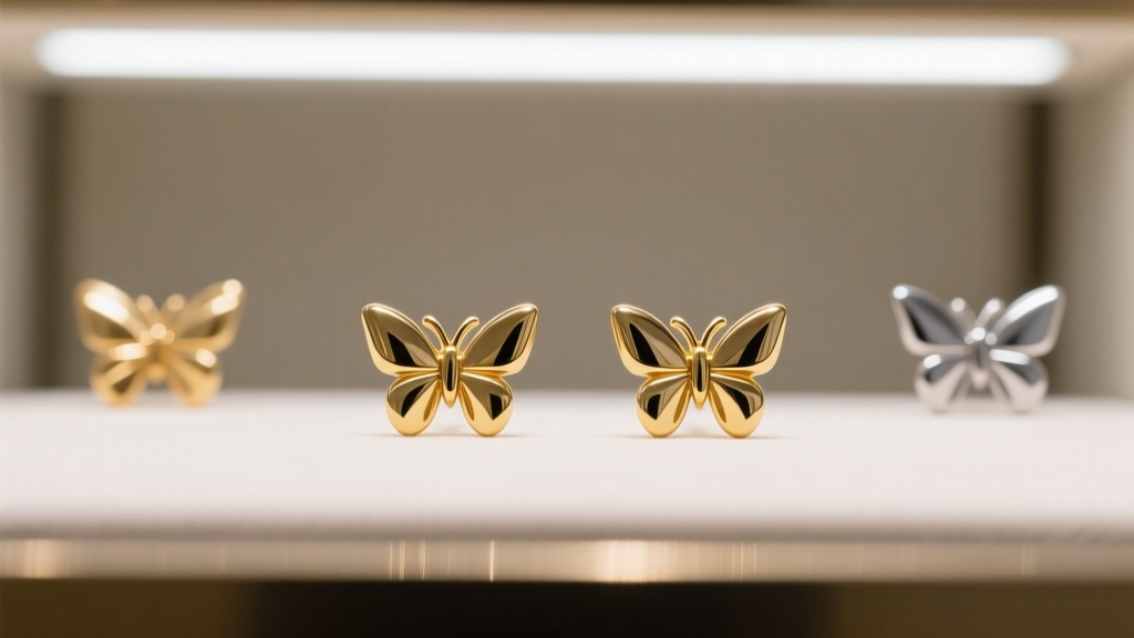 Macro shot of a mall display showing gold-plated and surgical steel butterfly-back stud earrings under bright fluorescent lighting.