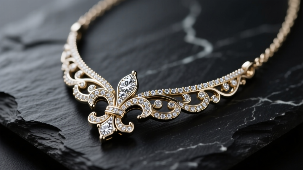 Close-up of a 14k white gold diamond fleur de lis necklace resting on dark slate, catching soft studio lighting.