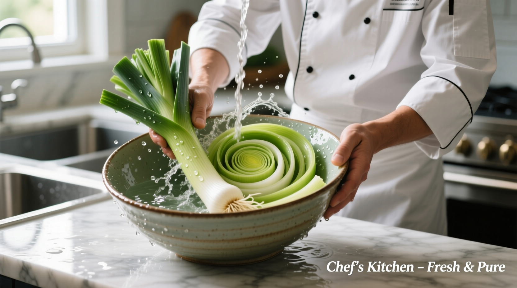 Chef washing sliced leeks in a large bowl