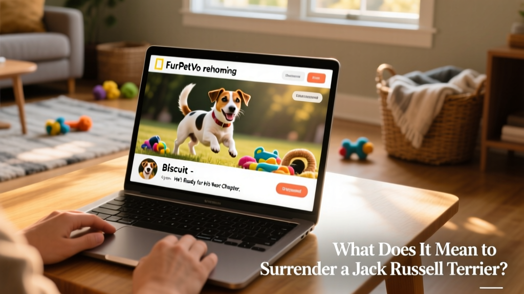A laptop screen showing a FurPetVo rehoming profile with photos of a happy Jack Russell Terrier and clear adoption details