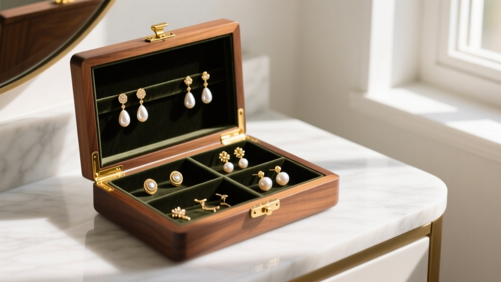 Open velvet-lined wooden earrings organiser box on a marble vanity displaying gold studs and pearl drops in soft morning light
