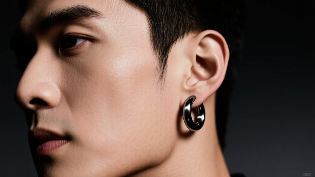 Close-up of a man wearing a matte black PVD titanium huggie earring, studio lighting, dark moody aesthetic, sharp focus on the ear